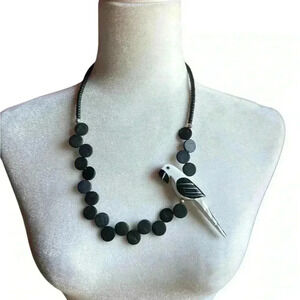 Vintage Wooden Parrot Necklace - Black and White